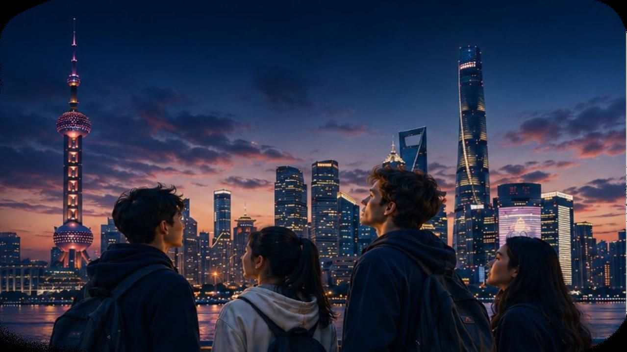 Estudantes diante do skyline de Shanghai ao entardecer